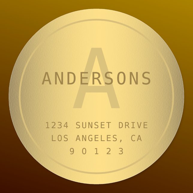 Sticker Rond Faux Gold Nom Monogramme & Adresse de retour (Créateur téléchargé)