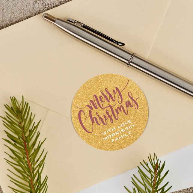Sticker Rond Faux Gold Parties scintillant Joyeux Noël Personna (Gold Glitter Print Merry Christmas Personalized Classic Round Sticker)