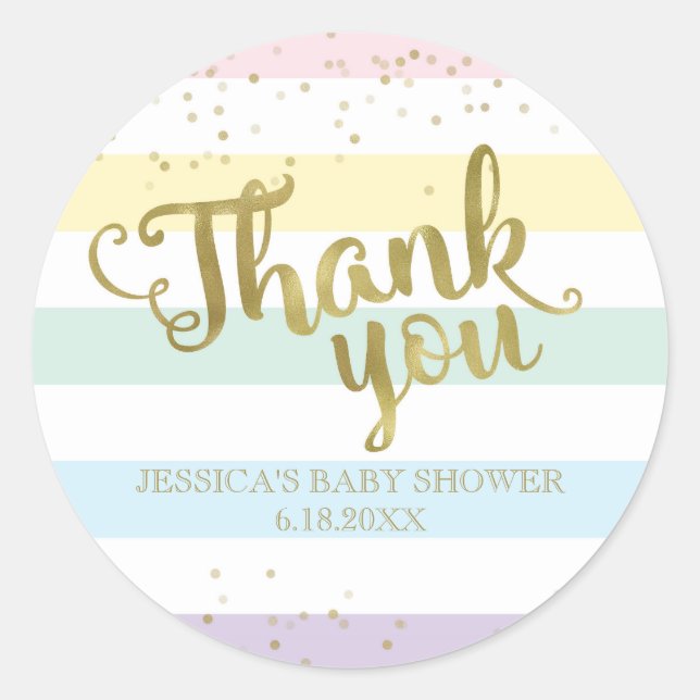 Sticker Rond Faux Gold Rainbow Stripes Baby shower Merci (Devant)