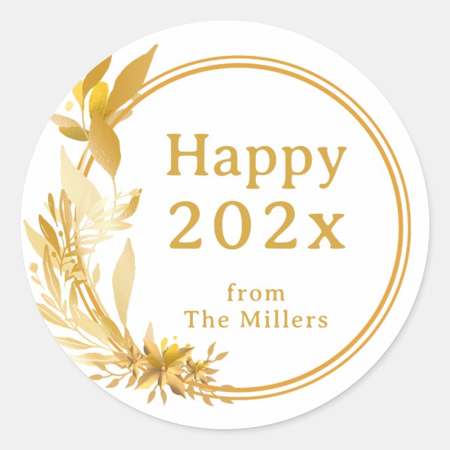 Sticker Rond Faux Gold Wreath Bonne Année De La Famille (Devant)