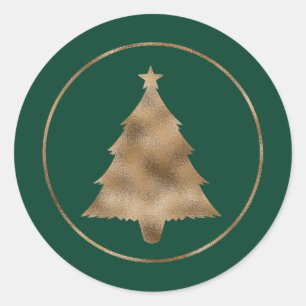 Sticker Rond Faux Golden Foil Forme Arbre de Noël Vert