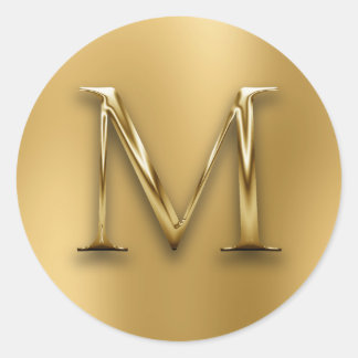 Sticker Rond Faux Monogramme M en Or sur Flou