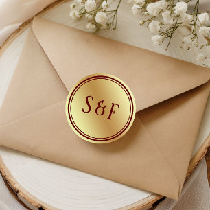 Sticker Rond Faux Papier D'or Rouge Monogramme Enveloppe Mariag