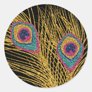 Sticker Rond Faux Parties scintillant Gold Peacock Feathers