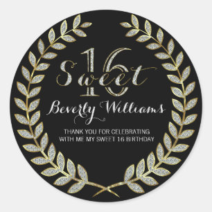 Sticker Rond Faux Parties scintillant & Gold Wreath Sur Black S