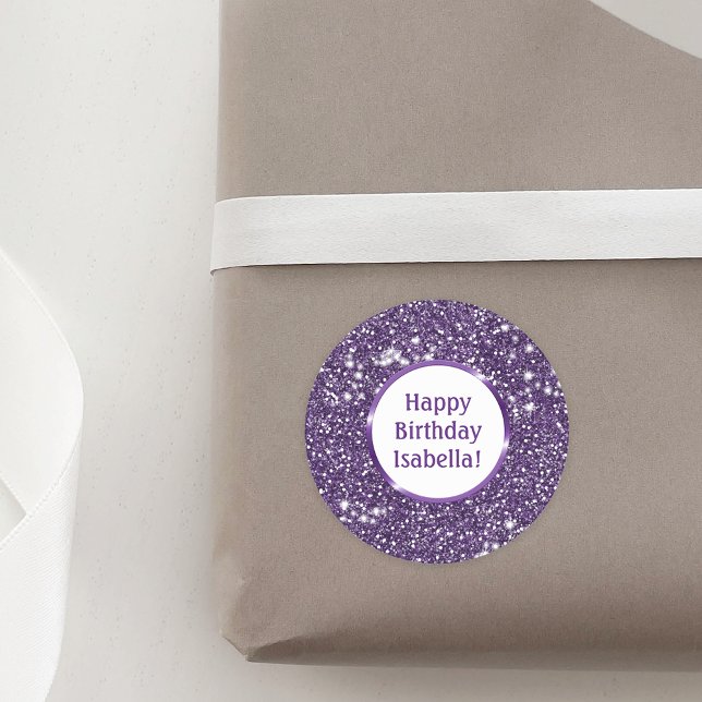 Sticker Rond Faux Parties scintillant violet look personnalisé  (Ideal for decorating birthday presents or party favors, for example.)