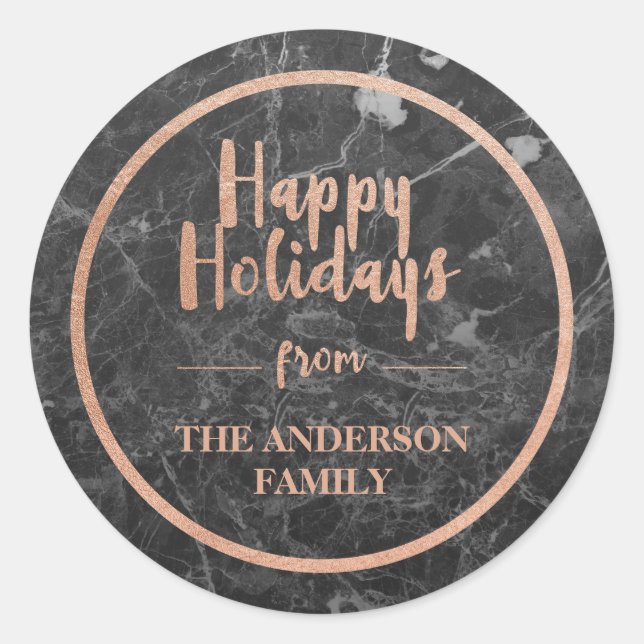 Sticker Rond Faux Rose Gold & Black Marble | Joyeuses fêtes (Devant)