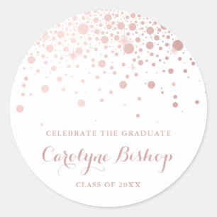 Sticker Rond Faux Rose Gold Confetti Graduation personnalisée
