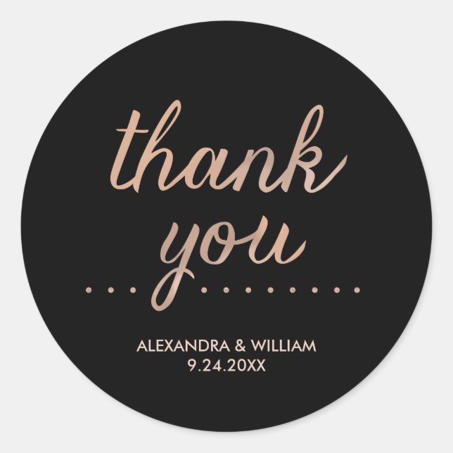 Sticker Rond Faux Rose Gold et Black Dotée Mariage Merci (Devant)