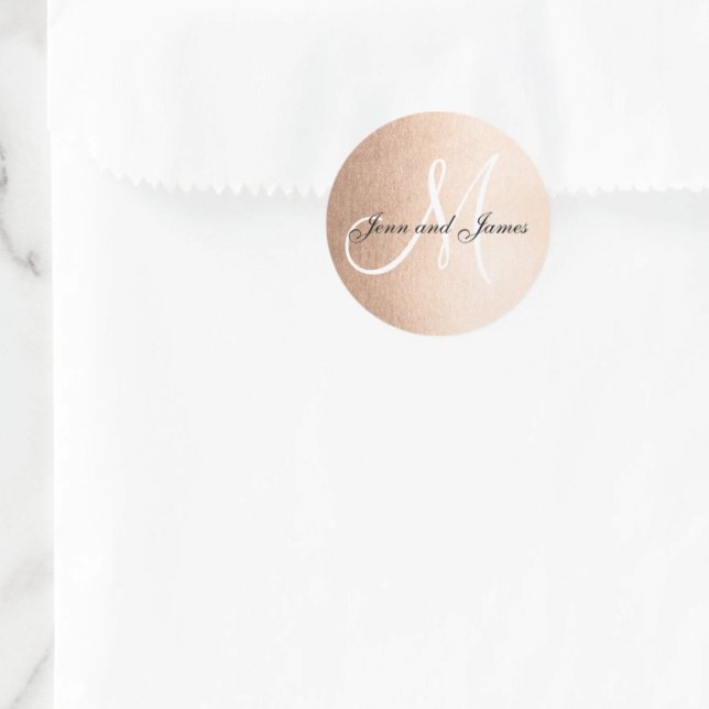 Sticker Rond Faux Rose Gold Foil Black Wedding Favoriser Initia (Créateur téléchargé)