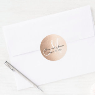 Sticker Rond Faux Rose Gold Foil Black Wedding Favoriser Initia