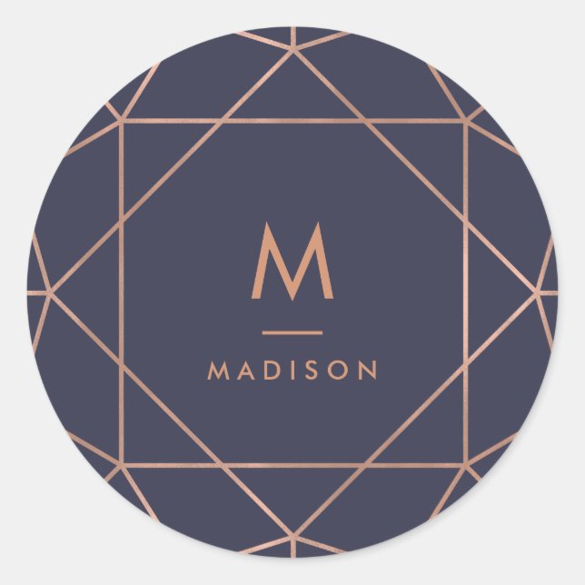 Sticker Rond Faux Rose Gold Géométrique sur Midnight Blue (Devant)