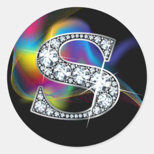 Sticker Rond Faux "S" Diamond Bling sur Rainbow Swirl Heart