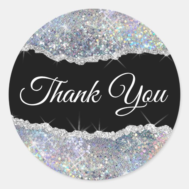 Sticker Rond Faux Sequin Argent Étincelant Merci (Devant)