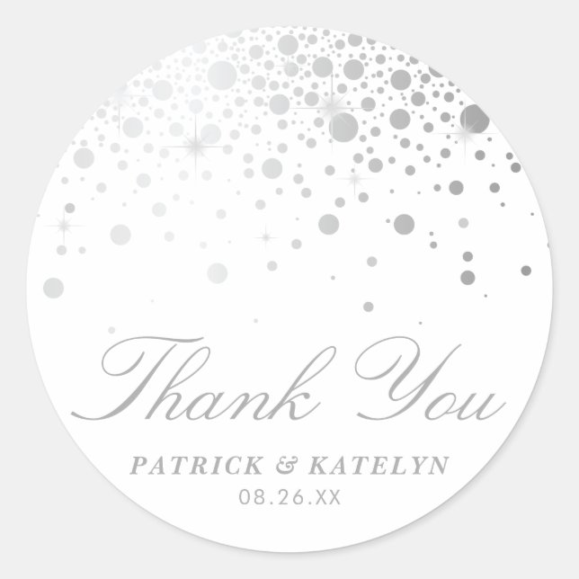 Sticker Rond Faux Silver Foil Confetti Dots Mariage Merci (Devant)