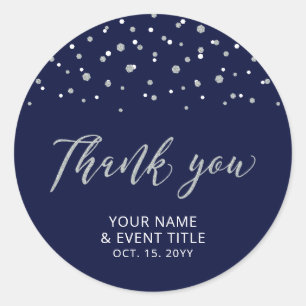 Sticker Rond Faveur d'anniversaire moderne Navy & Argent Remerc