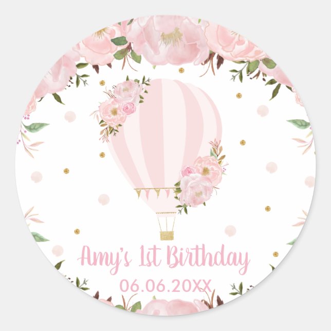 Sticker Rond Faveur d'anniversaire Montgolfière Fleurie Rose (Devant)