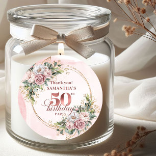 Sticker Rond Faveur de 50e anniversaire Blush Fleurs Rose Gold