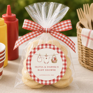 Sticker Rond Faveur de Baby-Q Gingham Rouge pour Baby Shower Co