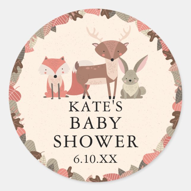 Sticker Rond Faveur de Baby Shower Boho Animaux de la Forêt (Devant)