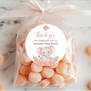 Sticker Rond Faveur de Baby Shower Éléphant Rose Tendre