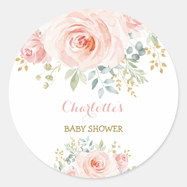 Sticker Rond Faveur de Baby Shower Fille aux Fleurs Roses Girly (Devant)