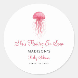 Sticker Rond Faveur de Baby Shower Fille Méduse Rose Aquarelle