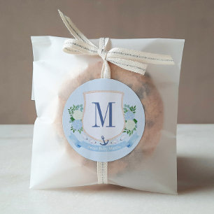 Sticker Rond Faveur de Baby Shower Garçon Monogramme Côtière In