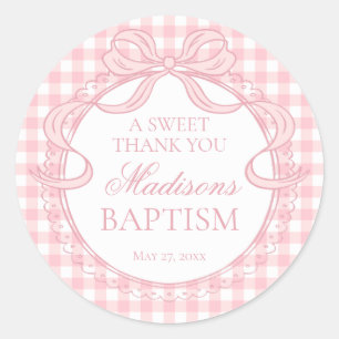 Sticker Rond Faveur de baptême à nœud coquette en vichy rose