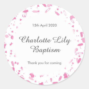 Sticker Rond Faveur de baptême de confettis rose bébé