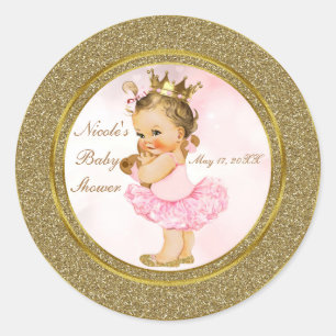 Sticker Rond Faveur de bébé princesse vintage paillettes or ros