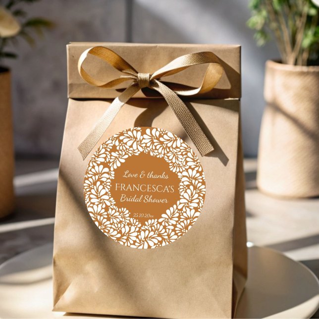 Sticker Rond Faveur de douche de mariage en terre cuite talaver (Vintage Mexican talavera terracotta bridal shower thank you favor sticker template )