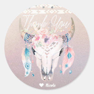 Sticker Rond Faveur de fête Chic Crâne de Vache Florale Boho Gl