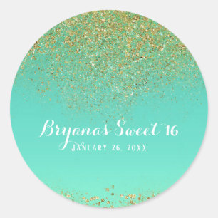 Sticker Rond Faveur de fête d'anniversaire Gold Glitter & Teal 