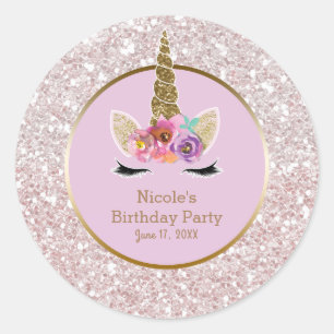 Sticker Rond Faveur de fête Licorne Paillettes Or Rose Blanc Gl