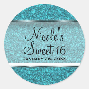 Sticker Rond Faveur de fête personnalisée Glamour Pailleté Bleu