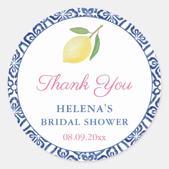 Sticker Rond Faveur de mariage Chic Lemons Italian Blue Tiles (Devant)