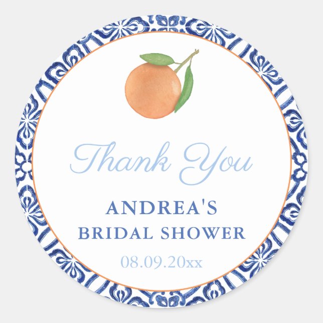 Sticker Rond Faveur de mariage Chic Simple Citrus Blue Tiles (Devant)