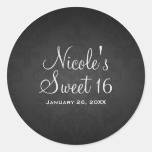 Sticker Rond Faveur de mariage de damas noir sombre de fête d'a