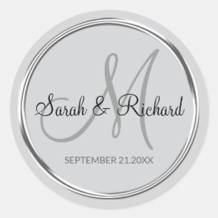 Sticker Rond Faveur de mariage élégante grise argent monogrammé