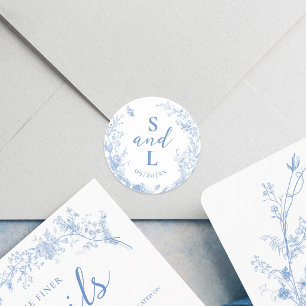 Sticker Rond Faveur de mariage élégante poussiéreuse bleue flor