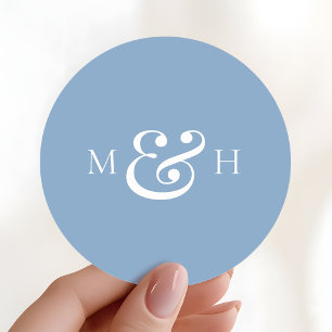 Sticker Rond Faveur de mariage moderne monogramme bleu poussiér