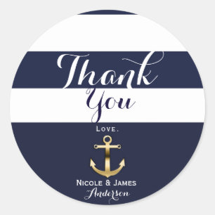 Sticker Rond Faveur de rayure nautique d'ancre blanche et or de
