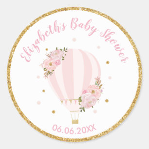 Sticker Rond Faveur de remerciement Montgolfière Fleurie Rose