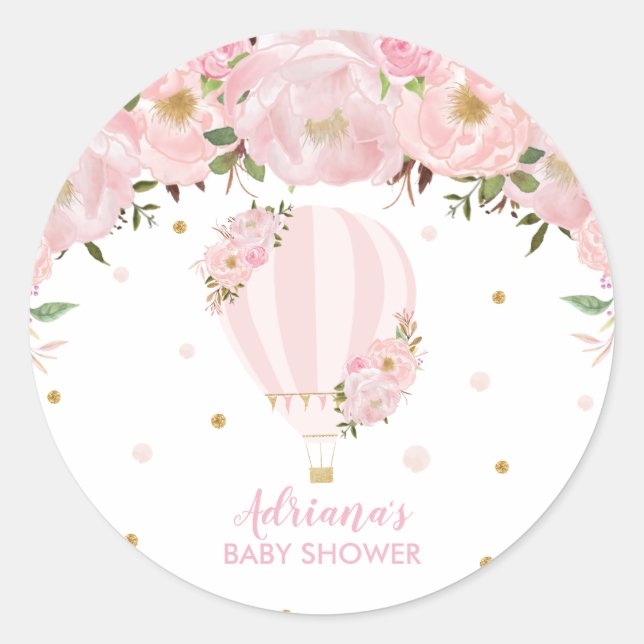 Sticker Rond Faveur de remerciement Montgolfière Fleurie Rose B (Devant)