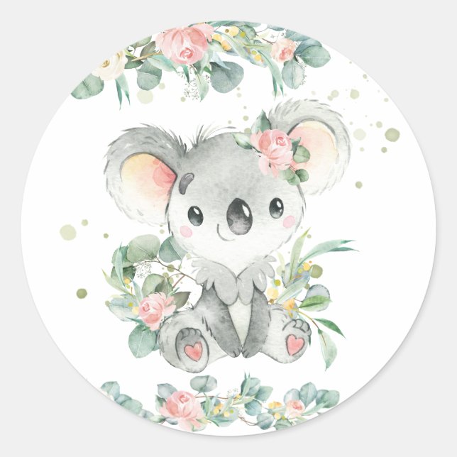 Sticker Rond Faveur florale rose eucalyptus koala mignon (Devant)