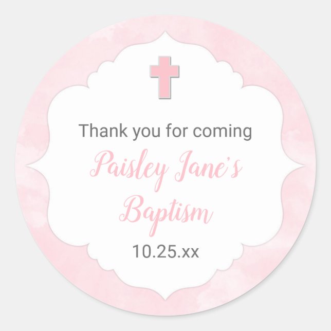 Sticker Rond Faveur rose de baptême de baptême de fille (Devant)
