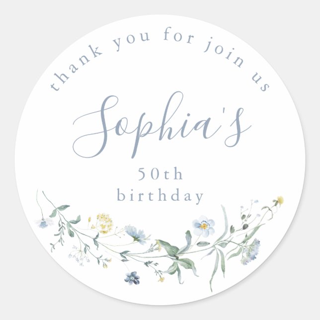 Sticker Rond Faveurs de anniversaire Bohème rustique bleu pouss (Devant)