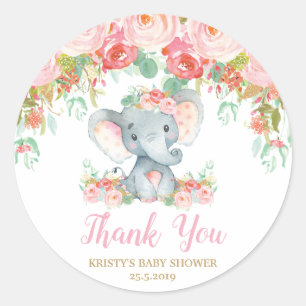 Sticker Rond Faveurs de Baby Shower Fille Éléphant Floral Rose