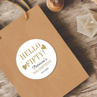 Sticker Rond Faveurs de fête d'anniversaire Gold Hello Fifty 50